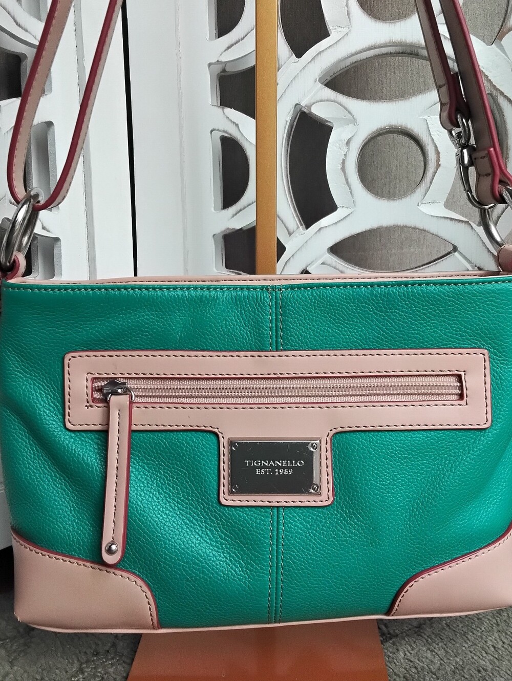 Tignanello Teal & Tan Pebbled Leather RFID Crossbody Bag Purse